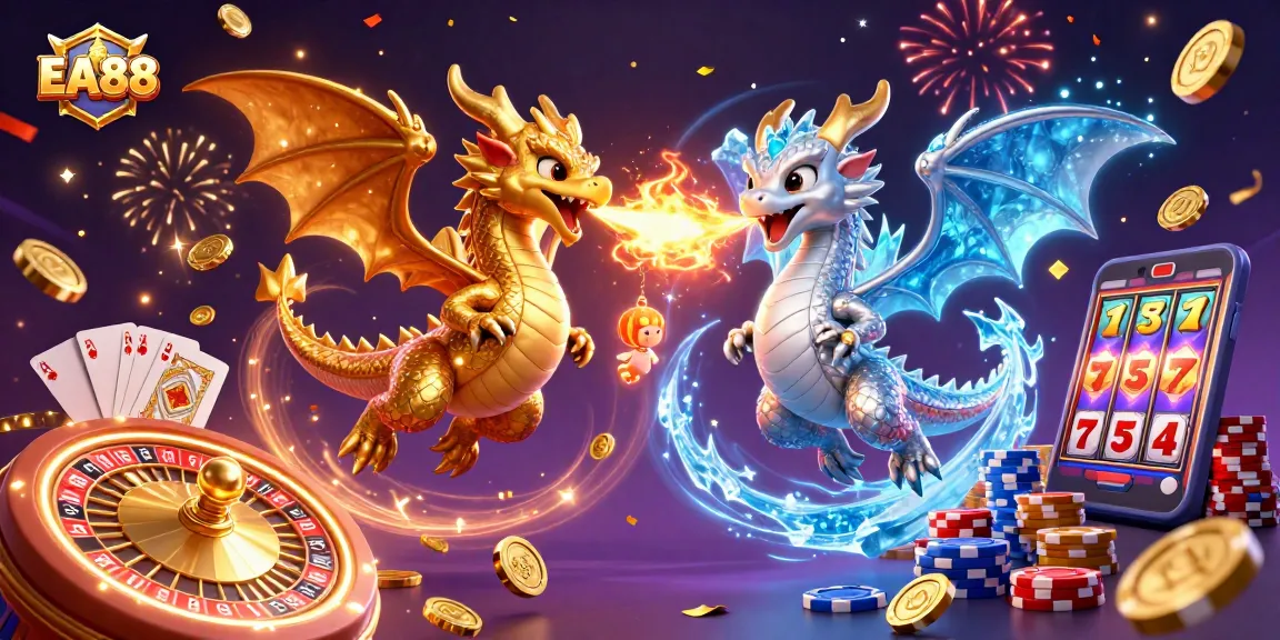Experience the excitement of EA88 with dragons and dynamic gaming elements in a vibrant 3D illustration