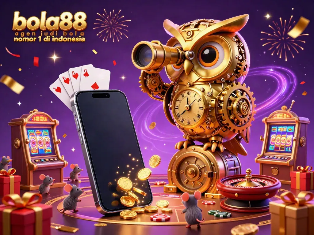 Bola88 agen judi bola nomor 1 di indonesia showcasing a vibrant casino scene with a golden owl and whimsical mice among slot machines.