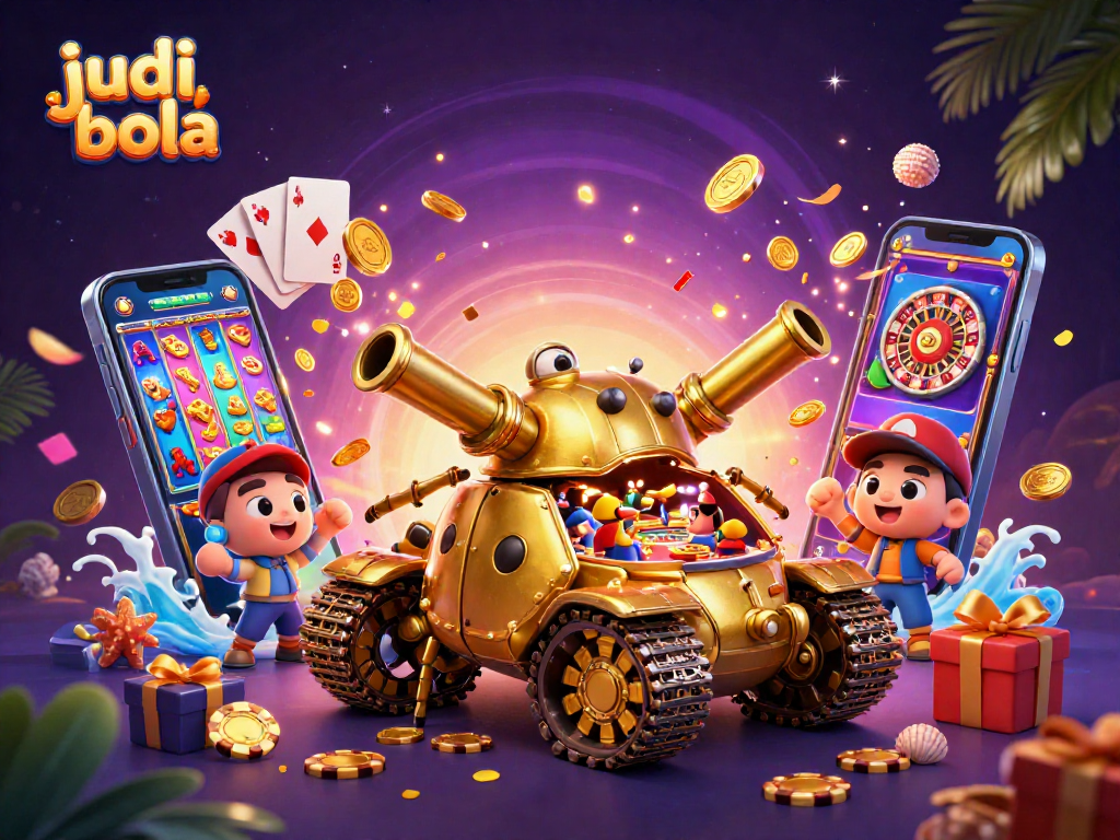 Engage in judi bola excitement with a dynamic scene of a golden beetle tank casino and vivid gaming elements.