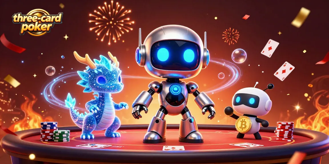 Experience three-card-poker excitement as characters engage with poker elements in a festive scene.