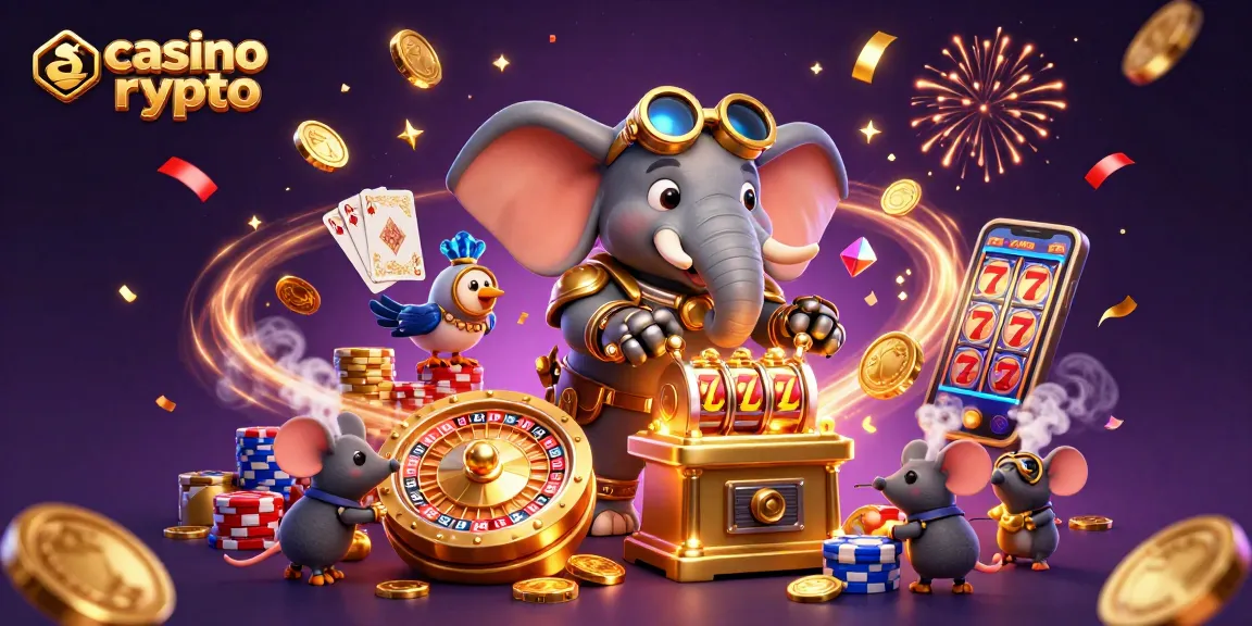 Profitez du casino crypto avec un éléphant steampunk opérant une machine à sous au milieu de pièces et de promotions.