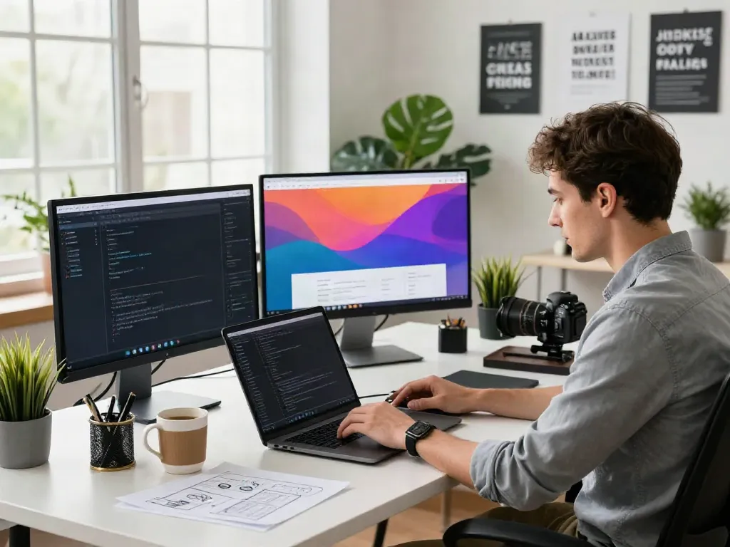 Website developer focused on creating a modern website in a bright office.