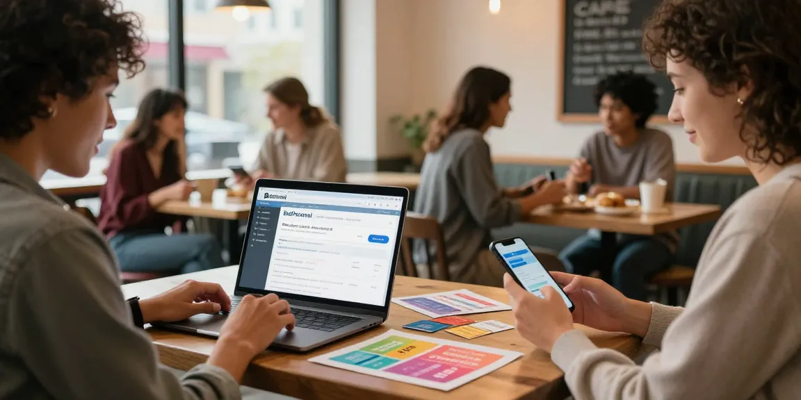 Engaged users browse BedPersonal for local classifieds in a welcoming café environment.