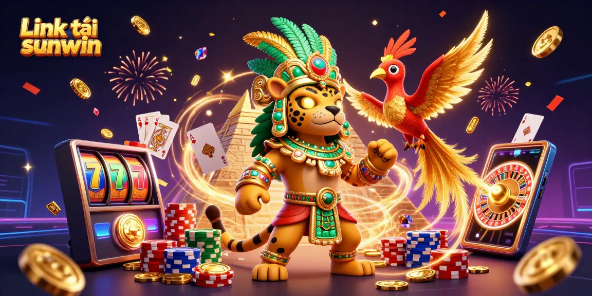 Spin and win with the Link tải sunwin, featuring vibrant characters and casino elements.