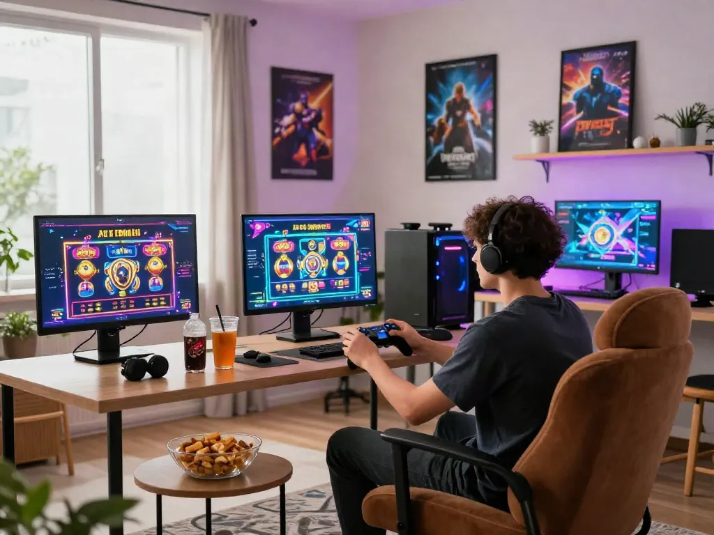 Exciting slot resmi gaming setup in a vibrant living room with multiple screens.