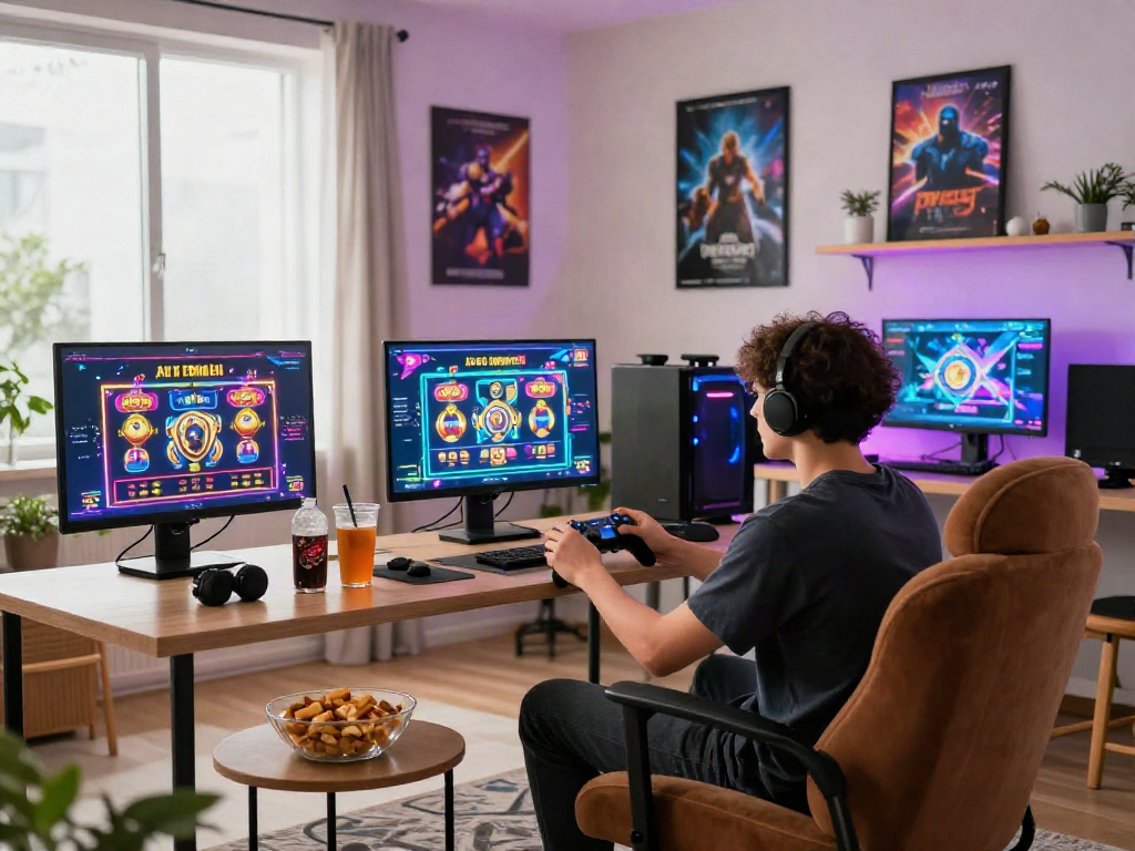 Exciting slot resmi gaming setup in a vibrant living room with multiple screens.