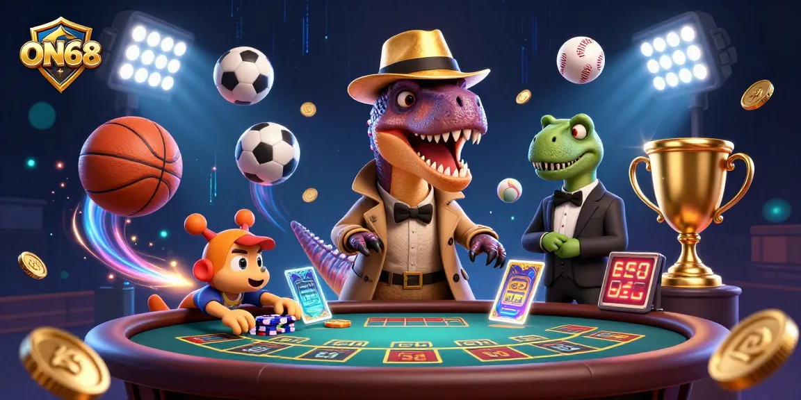 Experience the thrill of ON68 with a velociraptor card counter at a vibrant casino.