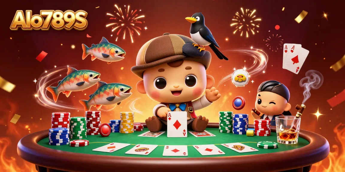 Alo789S dives into thrilling poker action with 3D cartoon characters in a festive casino scene.