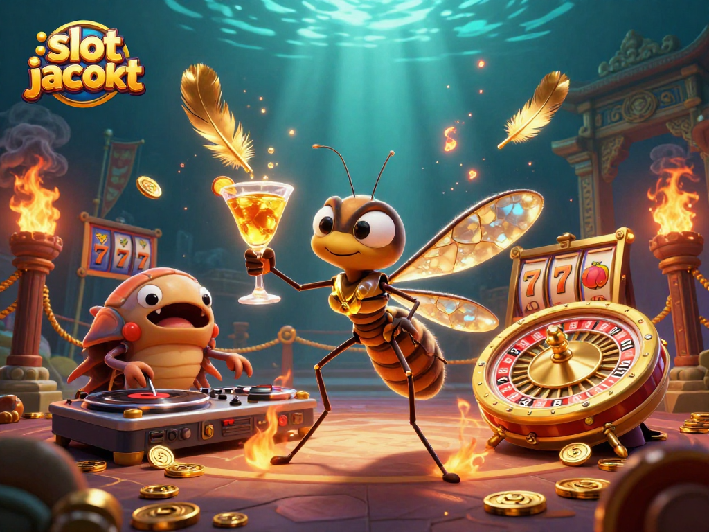Engage with the thrilling slot jackpot experience with a vibrant casino-themed scene featuring unique characters and game elements.