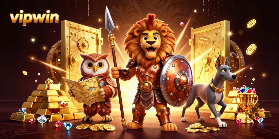 Experience epic gaming action at vipwin with vibrant characters and sparkling casino treasures.
