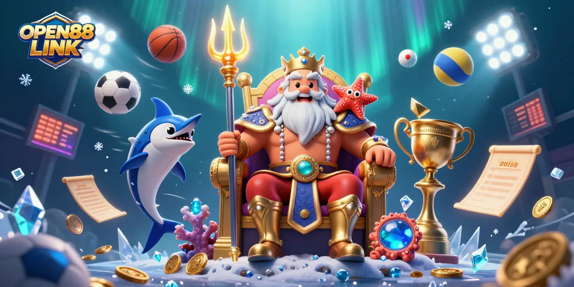 Engage with the OPEN88 LINK experience featuring Neptune and sports elements in a vibrant 3D scene.