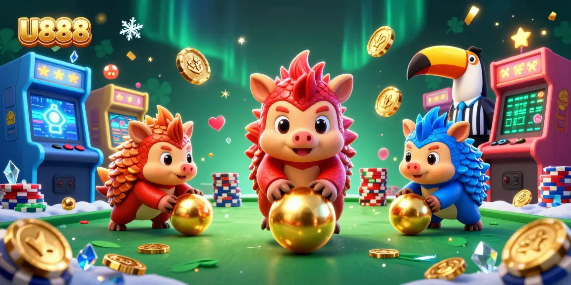 Experience U888's thrilling casino action with vibrant pangolins bowling through poker chips.