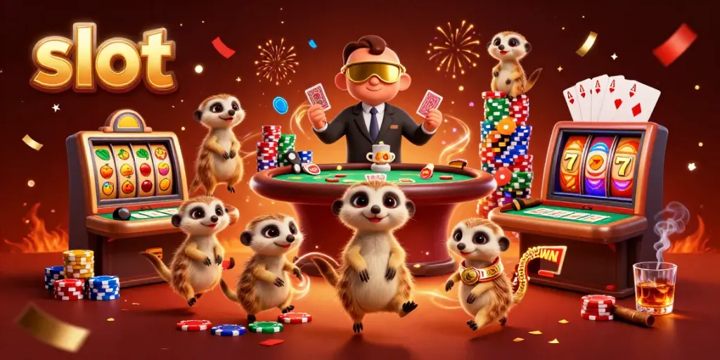 Meerkat beraksi di kasino slot, menangkap momen kemenangan di lingkungan yang penuh dengan kegembiraan.