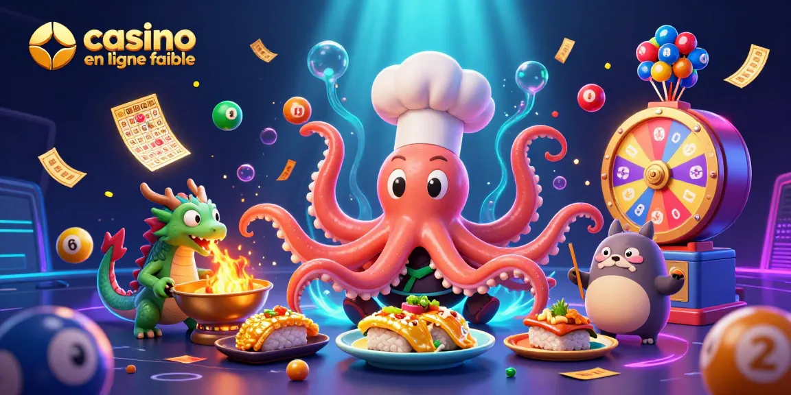 Jouer dans un casino en ligne fiable avec un chef sushi pieuvre, un dragon et un client tanuki sous une atmosphère ludique et colorée.