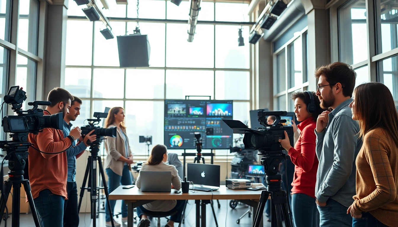Engaged team in video production edmonton collaborating on creative projects in a modern studio.