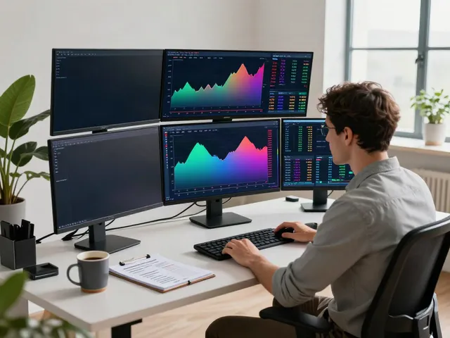 tradingview官网 trading environment with trader analyzing stock charts in a modern home office