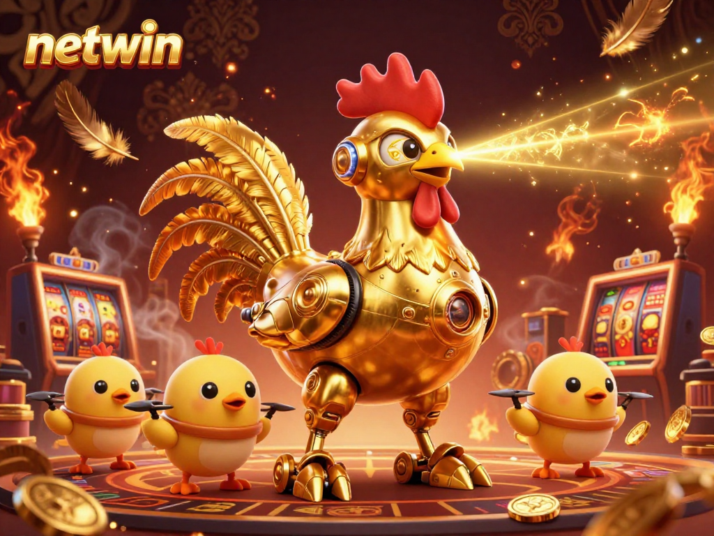 Experience netwin with an engaging 3D casino scene featuring a golden rooster robot and dynamic game elements.