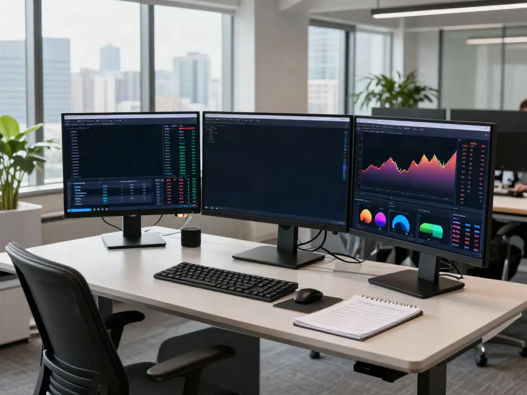 Hong Kong stock market API data being analyzed in a modern trading workspace with advanced technology and financial dashboards.
