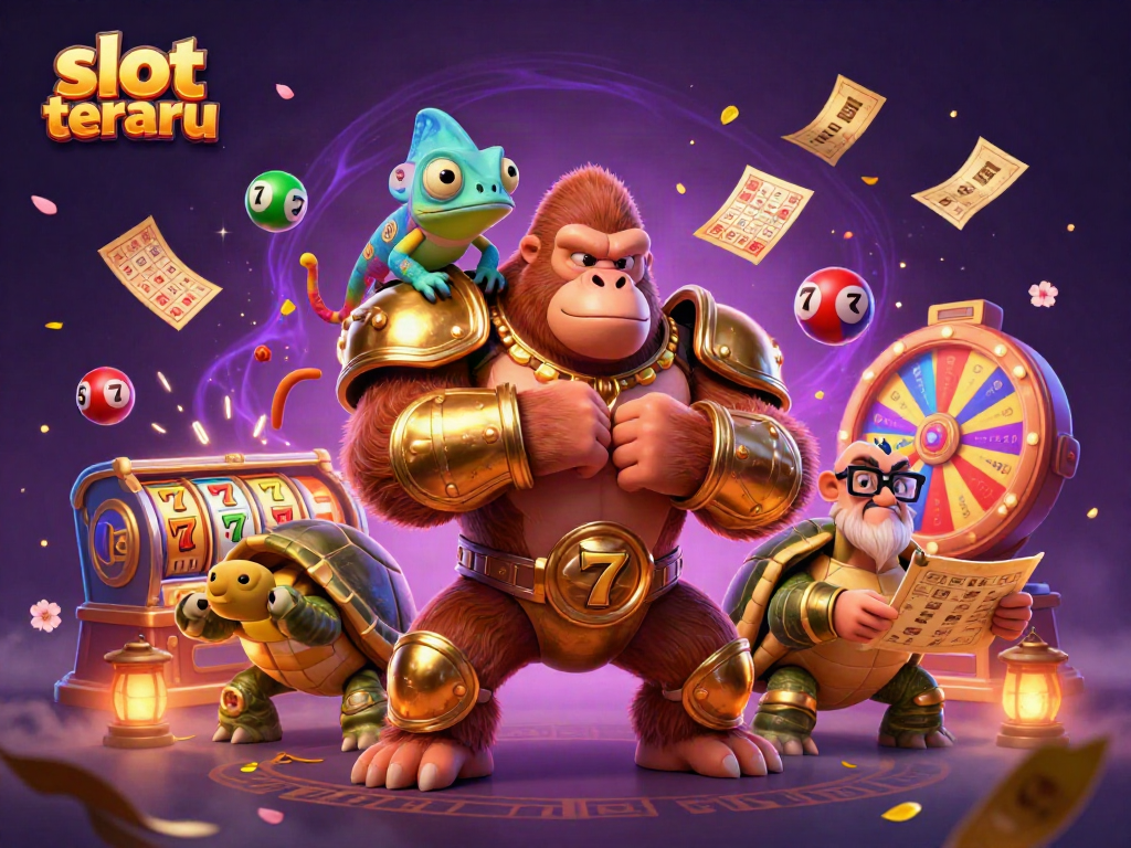 Experience excitement with slot terbaru, featuring cartoon gorilla, colorful balls, and lottery elements.