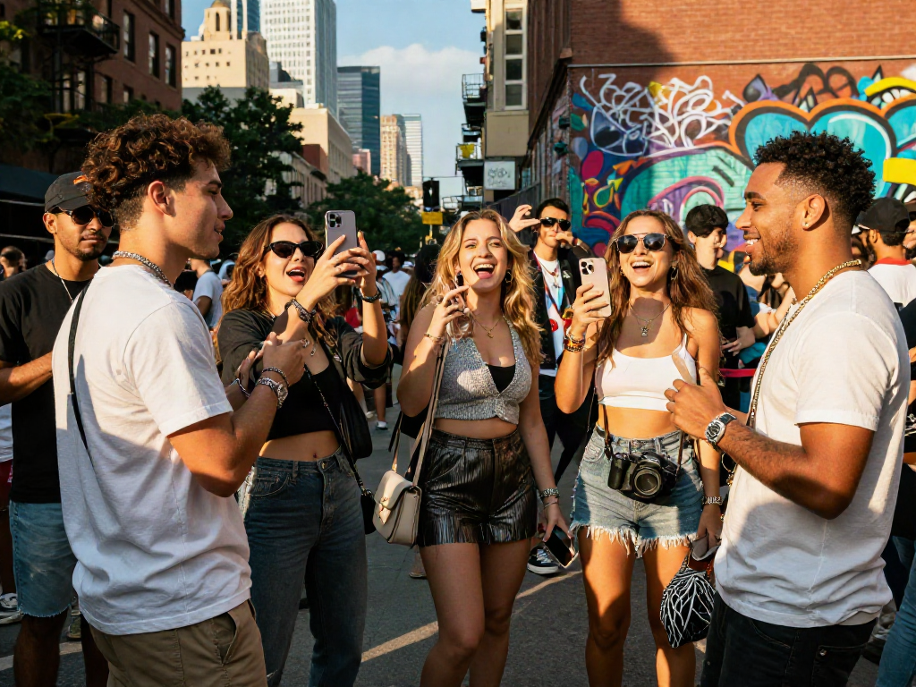 People resembling look alikes of famous people enjoying an urban scene with style and laughter.