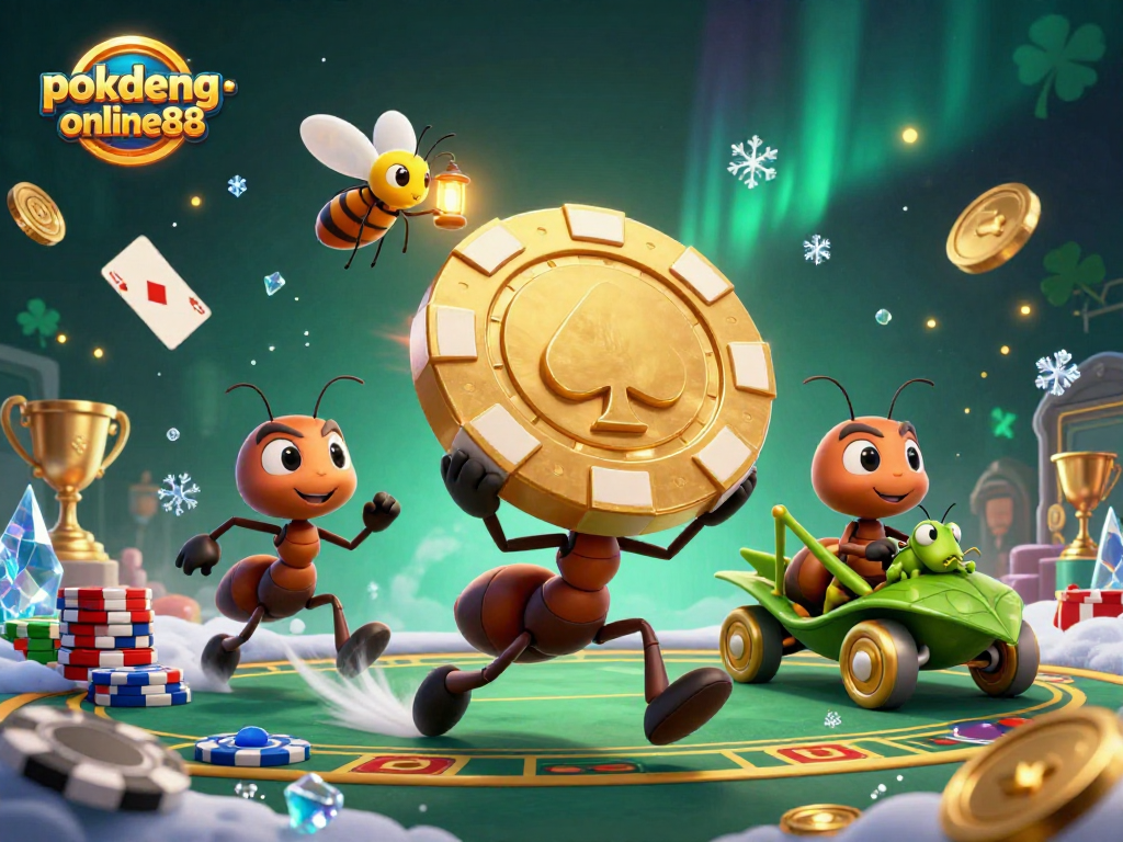 Experience thrilling gameplay with pokdeng-online88 as ants steal a giant poker chip in this exciting scene.