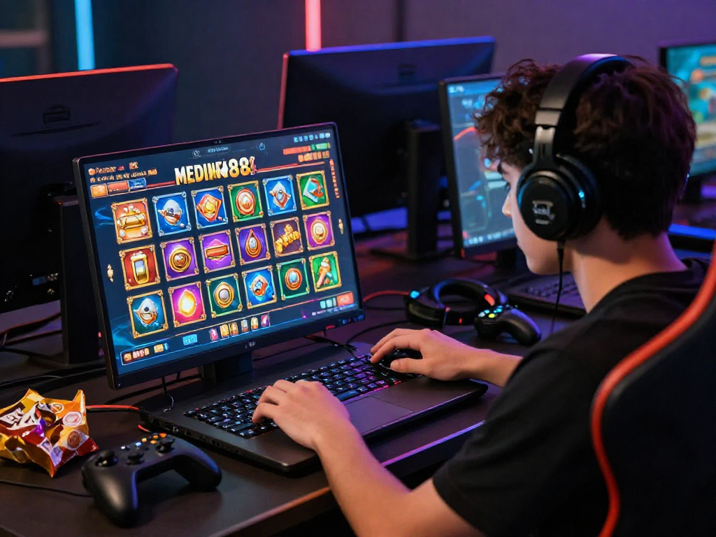 Seorang pemain fokus pada permainan slot88 di laptop, dikelilingi ikon permainan berwarna-warni dan aksesori gaming, menciptakan suasana yang menarik.