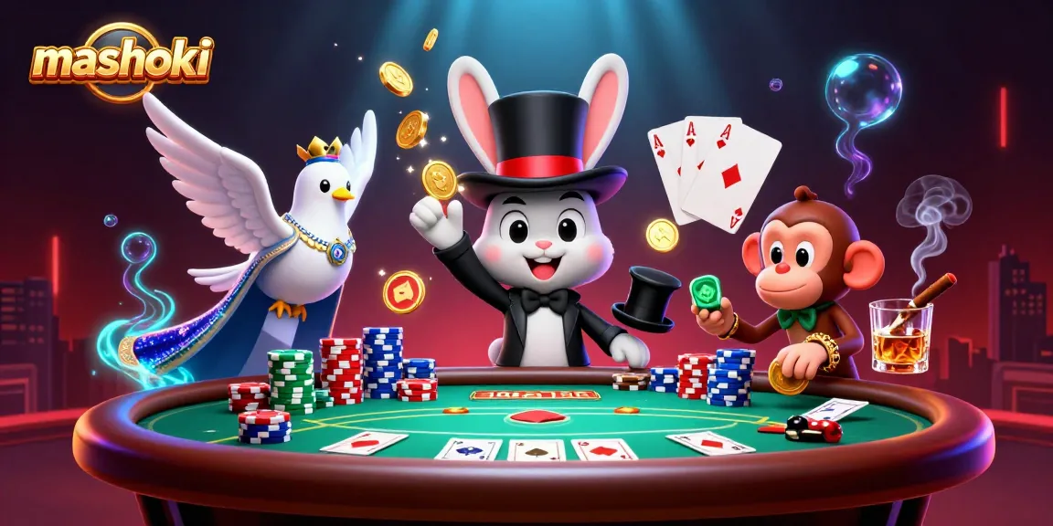 Engage in the thrilling action of mashoki with a magician, a dove, and a monkey amid casino elements.