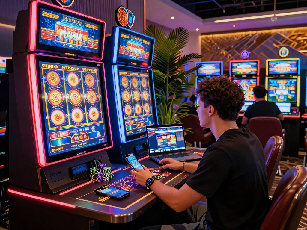 Experience the thrill of slot gacor games in an energetic online casino environment with vibrant lights and engaging players.