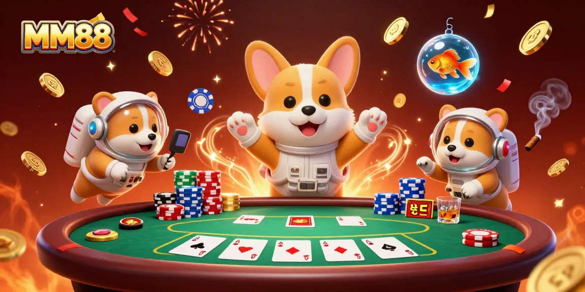 Engaging MM88 casino scene with a cartoon astronaut corgi, poker chips, and colorful confetti.