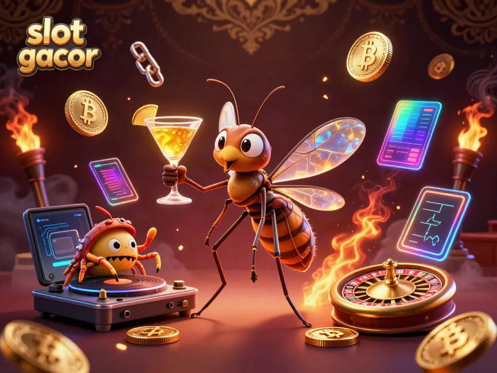 Ilustrasi slot gacor dengan karakter unik di kasino hidup yang penuh dengan elemen perjudian