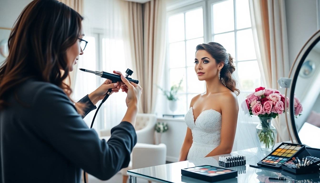 Airbrush makeup artist Dallas applying flawless makeup for a bridal model in a chic studio.