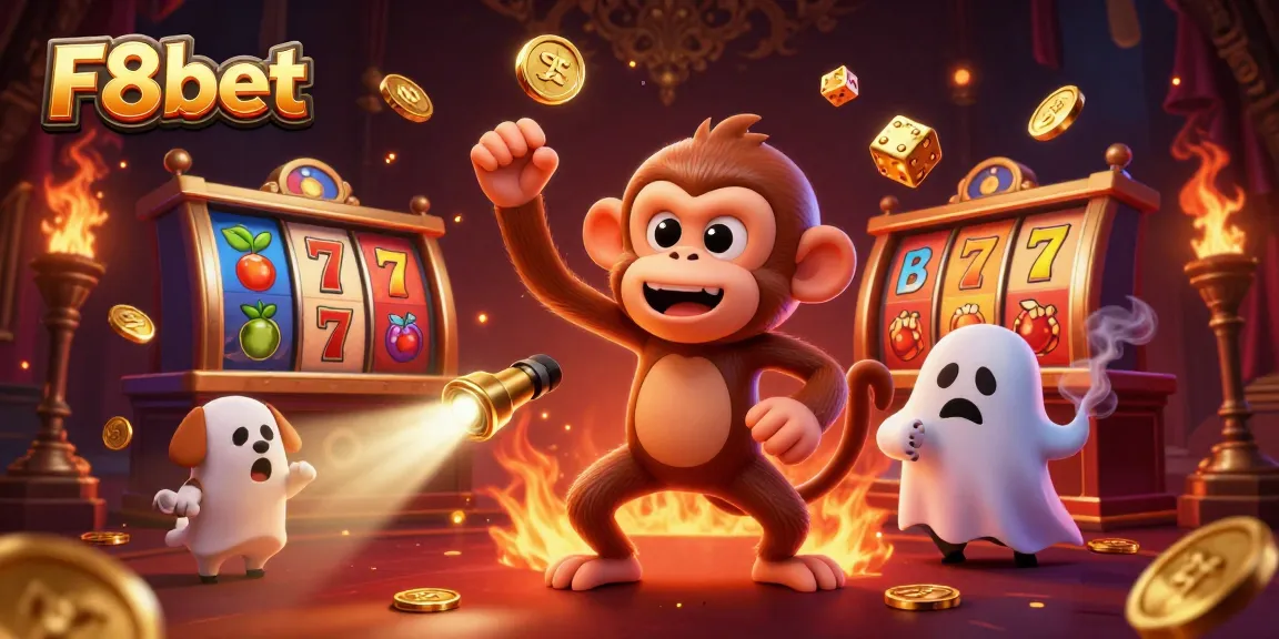 Experience thrilling F8bet gaming with a poltergeist monkey and ghost puppy in a dynamic casino scene.