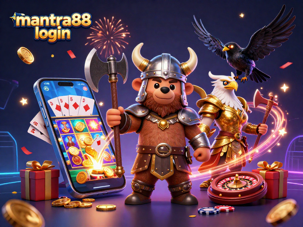 Experience the thrill and fun of mantra88 login with a dynamic casino scene featuring engaging characters and games.