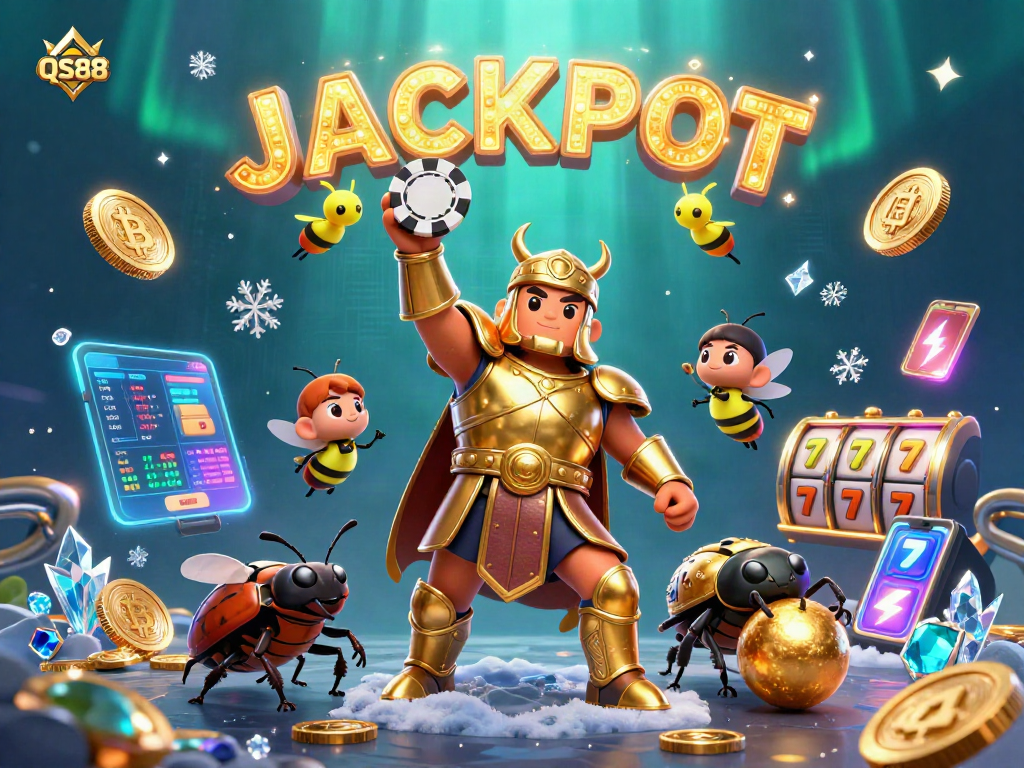 Engage with QS88's exciting slots in this dynamic 3D gambling scene featuring jackpot elements.