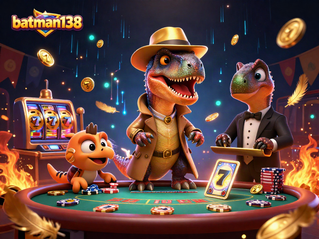 Experience the excitement of batman138 with a 3D velociraptor card counter in a lively casino scene.
