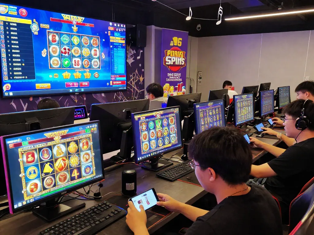 Engaging players enjoying slot online games in a vibrant gaming hub with bright LED lights and lively atmosphere.
