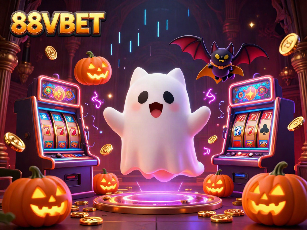 Enjoying slots and winning at 88VBET with a friendly ghost cat and spooky elements.