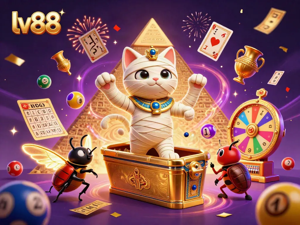 Spin and win at lv88 with the vibrant 3D casino scene featuring a mummy cat and golden treasures.