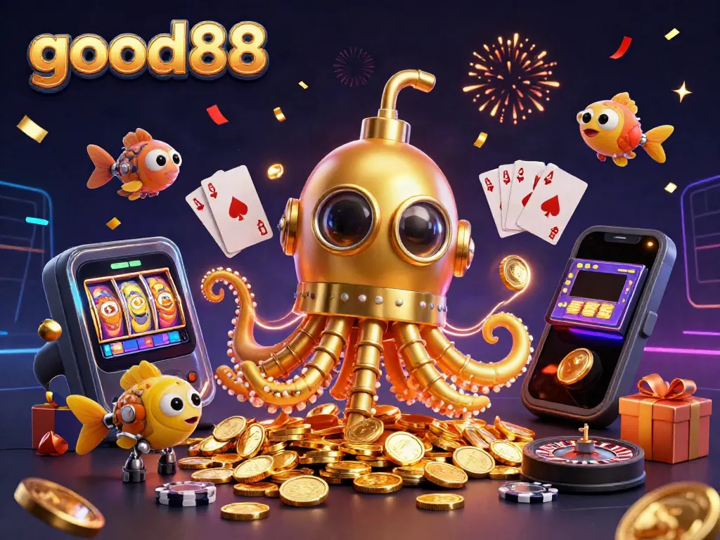 Experience the thrill of good88 with vibrant slot games and golden coins presented dynamically in a 3D scene.