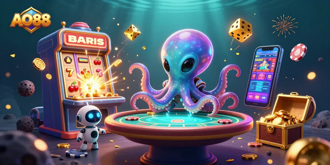 AO88 features a vibrant alien octopus at a holographic poker table, bursting with casino excitement.