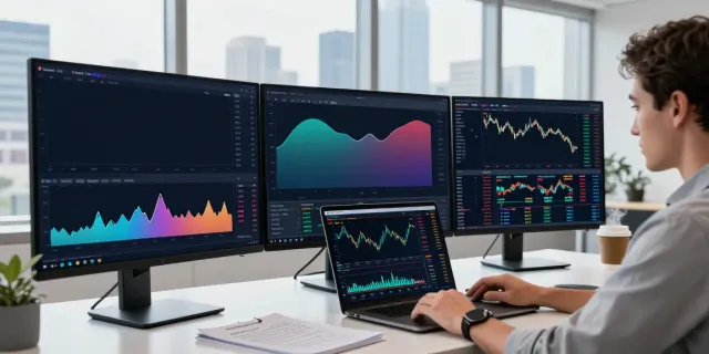 Trader using TradingView software in a bright, modern workspace analyzing multiple financial charts.