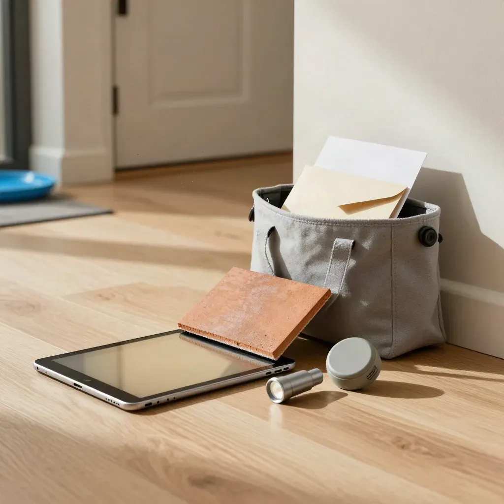 Home energy check kit in a bright entry hall with roof tile, torch, meter puck and bag