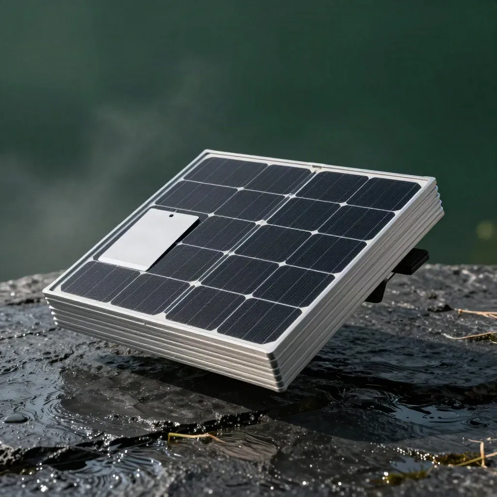 Solar kit with black panels on wet basalt, misty studio hero shot