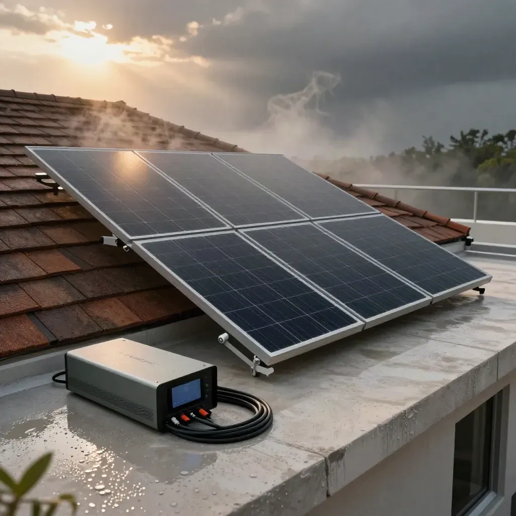 Solar panels, inverter and monitor on a wet rooftop at sunset.