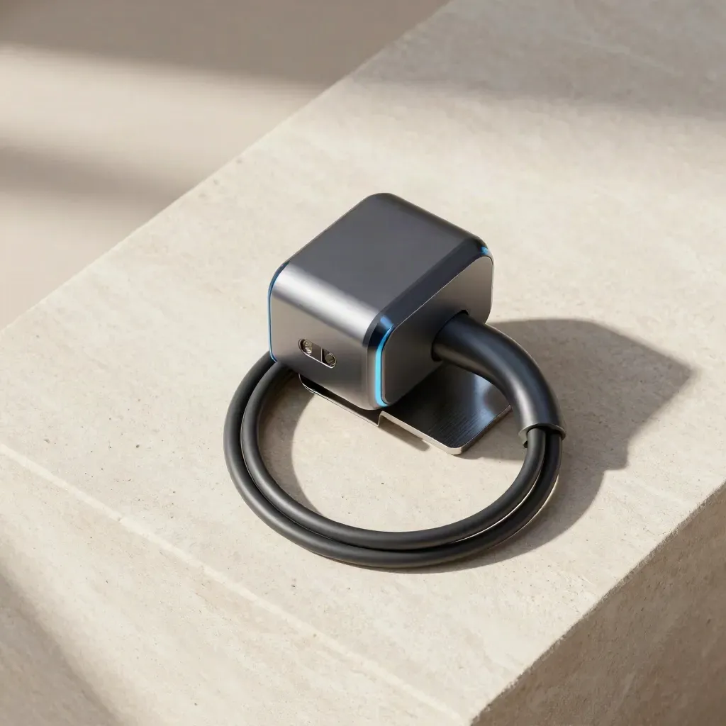 Top-down EV wall charger, looped cable, mount plate and conduit bend on pale stone.