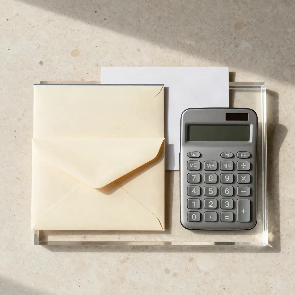 Top-down travertine flat lay of envelopes, calculator, acrylic tray, and a blurred review card.