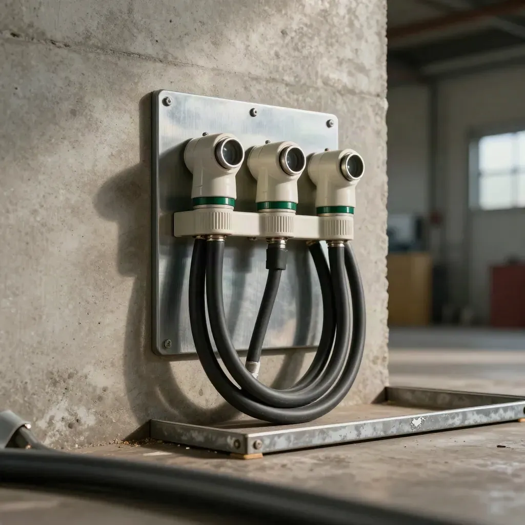 Three-phase charger with coiled heavy cable and conduit on a concrete workshop wall