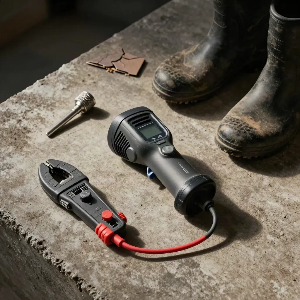 Energy audit kit with thermal scanner, clamp meter, torch, roof tile sample and boots on concrete.