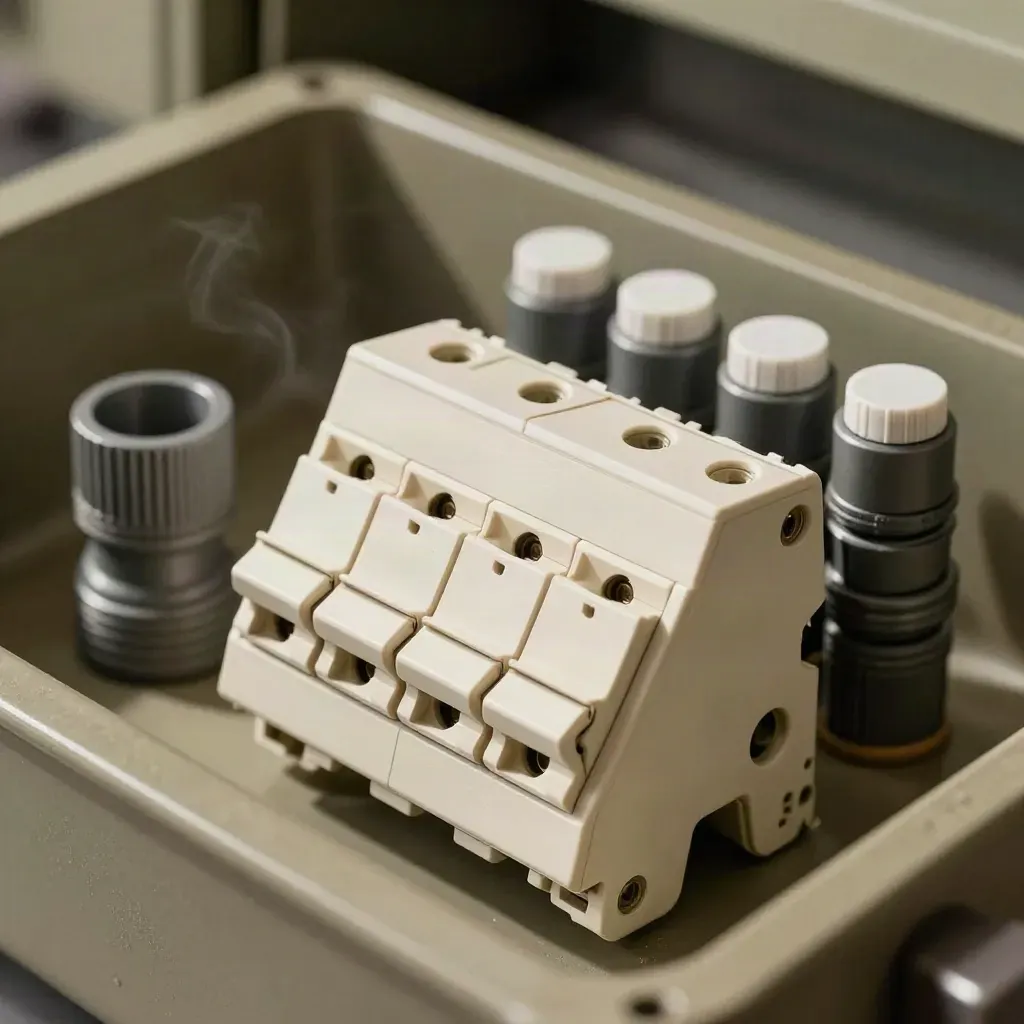 Battery upgrade kit with switchboard module, conduit parts, and breaker slots in raking light.