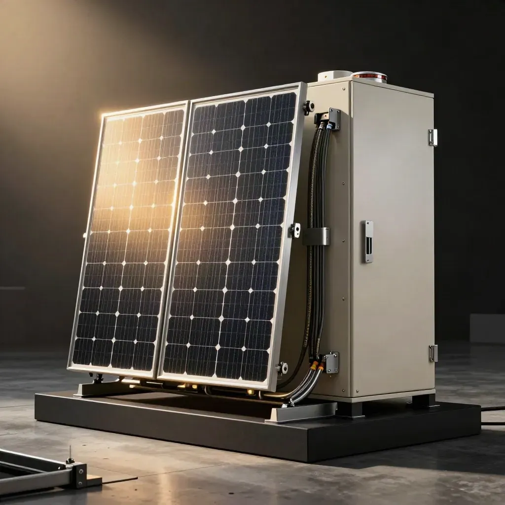 Solar panels, inverter stack, and battery cabinet glowing in a dark dramatic energy reveal.